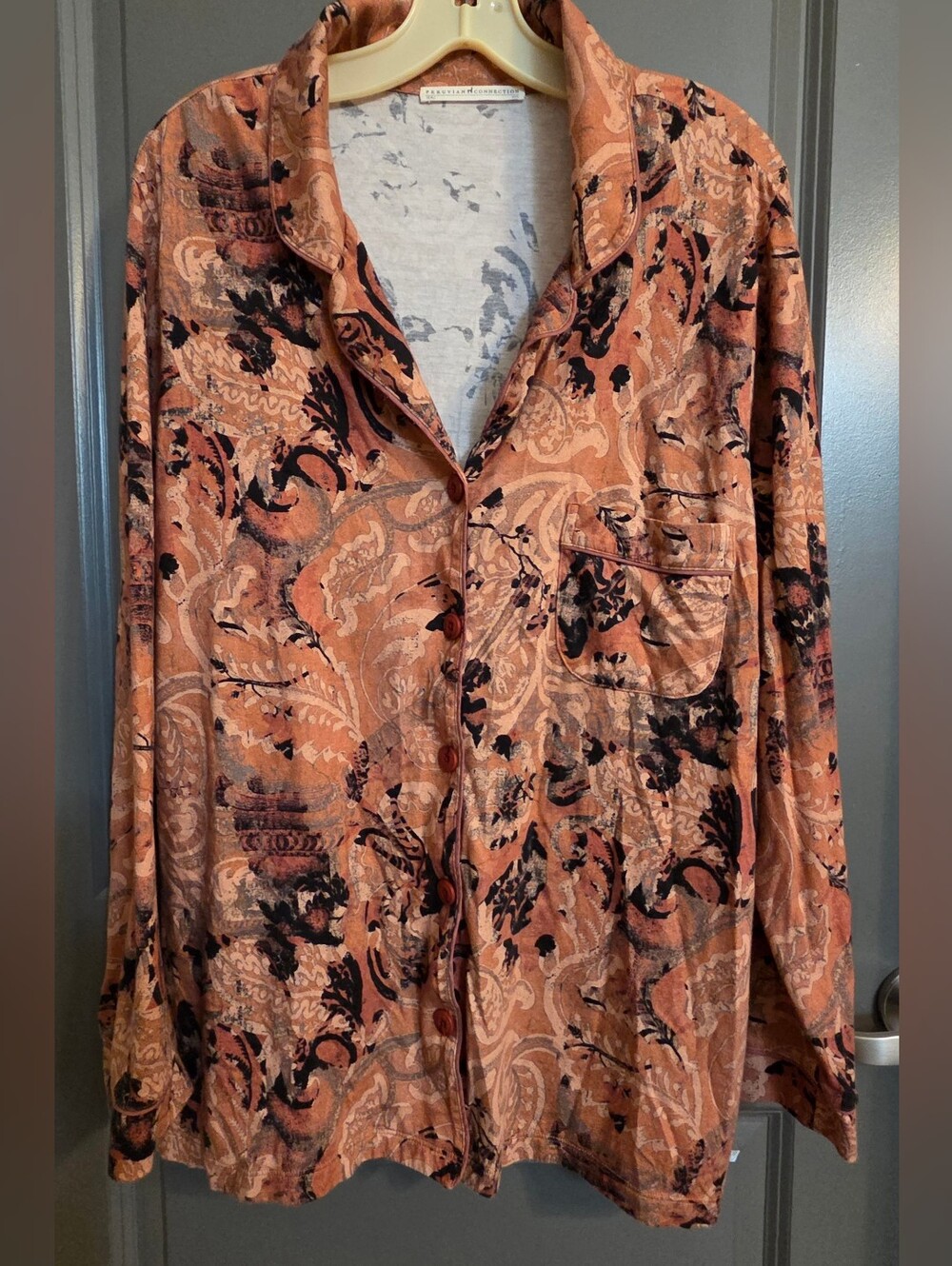 Peruvian Connection New Fresca Long Sleeve Rose Floral Pima Cotton PJ Top